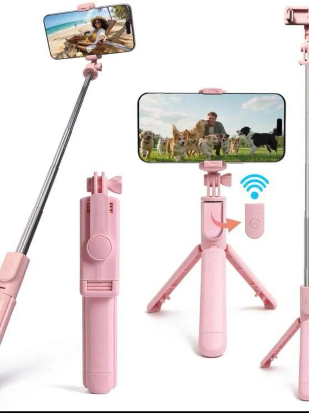 Pink 3-in-1 Bluetooth Selfie Stick Tripod with Remote